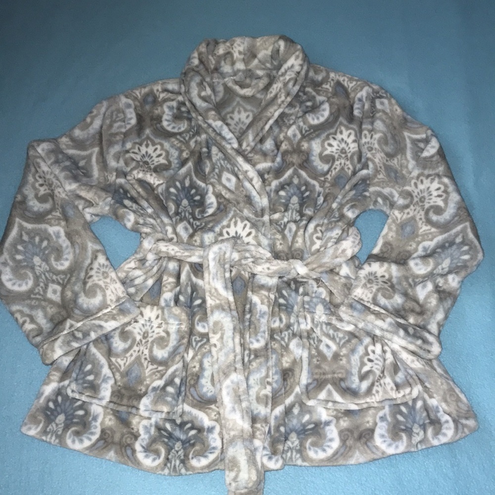THESIS paisley print short bath robe gray white blue super soft NEW size OS
